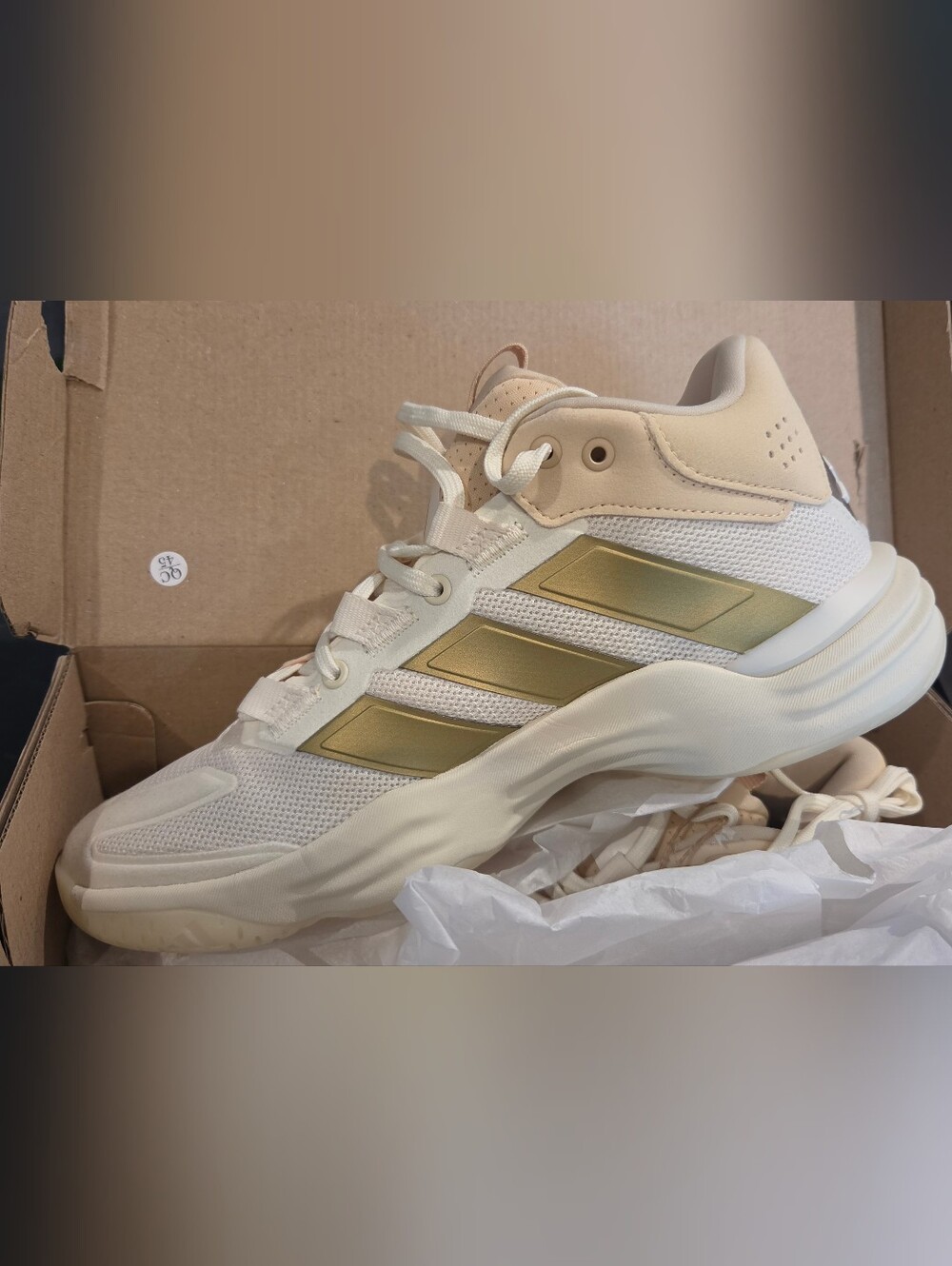 adidas Women’s Cream Mesh Sneakers with Metallic Gold Stripes